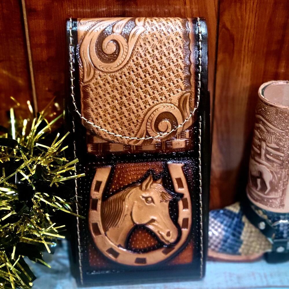 Horse Western Leather Phone Holstor LARGE 7x3.75 " Handcrafted in Mexico